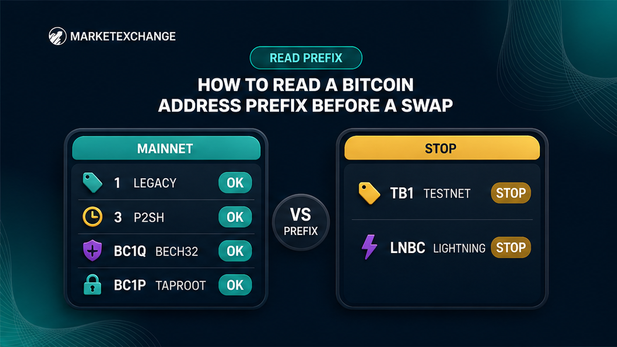 Comparison of Bitcoin prefixes 1, 3, bc1q, and bc1p against stop signals tb1 and lnbc before a swap