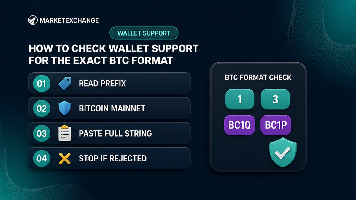 Four-step workflow to confirm a wallet supports the exact Bitcoin address format before signing a swap