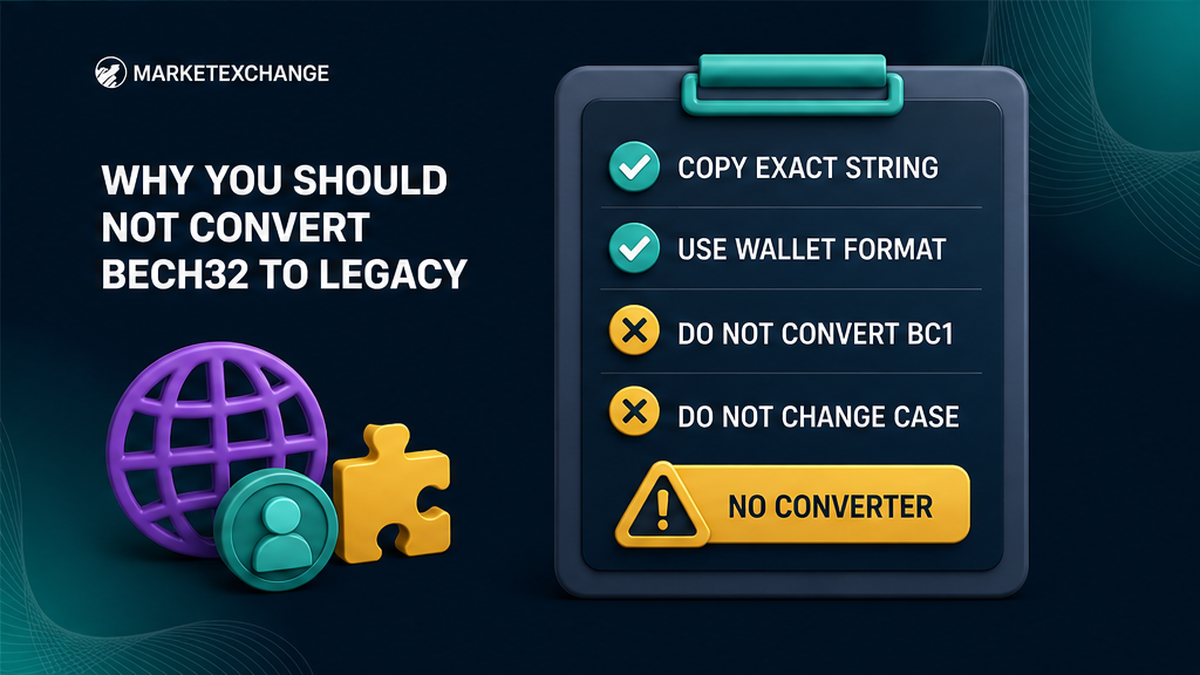 Checklist warning not to convert a Bech32 bc1 address into a legacy 1 address before a Bitcoin swap