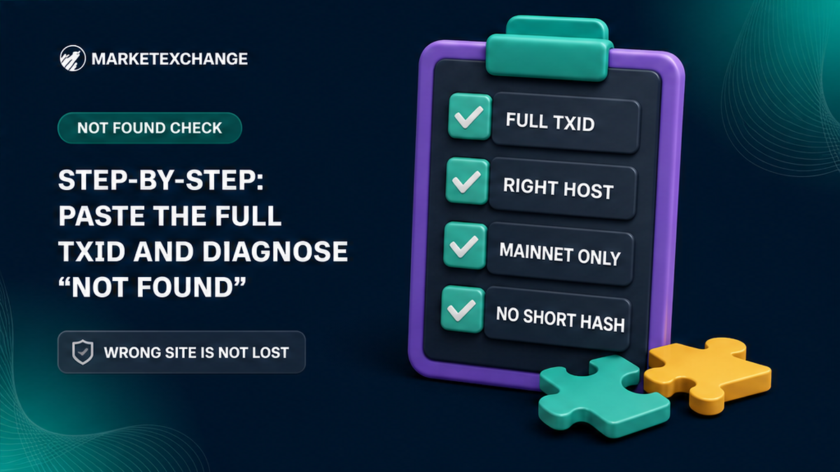 Checklist for a not-found TxID: full hash, matching host, mainnet, and no shortened identifier