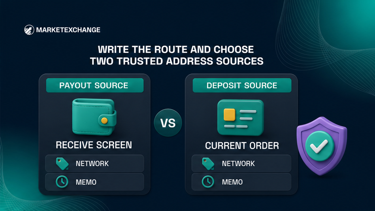 Trusted sources for payout and current-order deposit addresses before a crypto swap