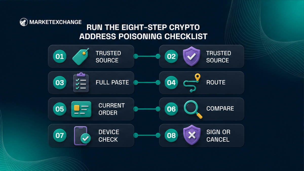 Eight-step crypto address poisoning checklist from trusted source to sign-or-cancel