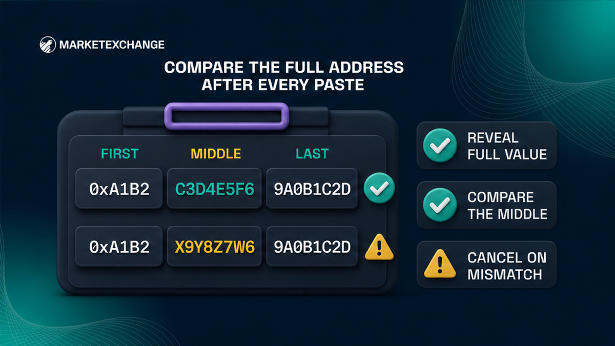 Full wallet address comparison highlighting a poisoned mismatch in the middle