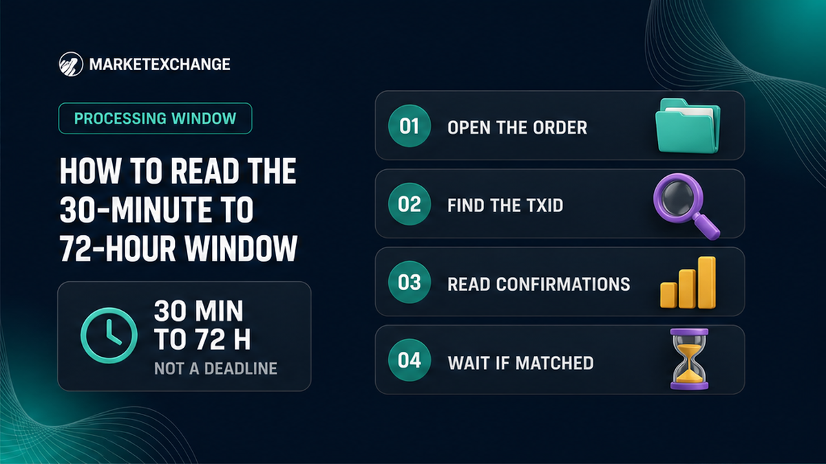 Four-step workflow to read a 30-minute to 72-hour swap window by checking the order, TxID, and confirmations before waiting