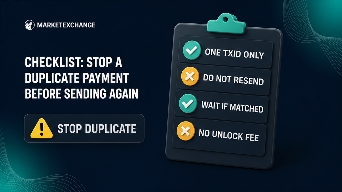 Checklist to stop a duplicate crypto swap payment: one TxID, wait if matched, do not resend, no unlock fee
