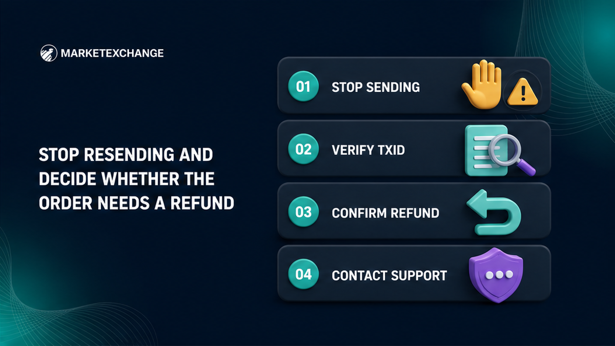 Four-step workflow to stop resending, verify the transaction, and confirm refund eligibility