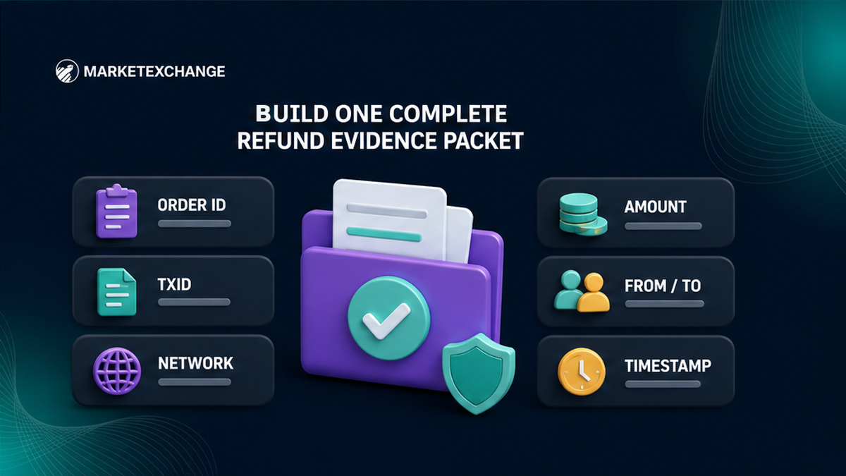 Refund evidence packet with Order ID, TxID, network, amount, addresses, and timestamp