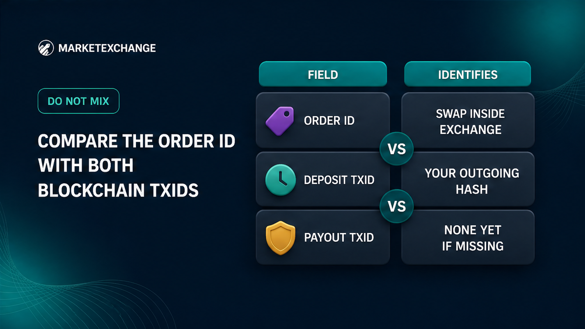 Comparison of Order ID, deposit TxID, and payout TxID showing they identify different things