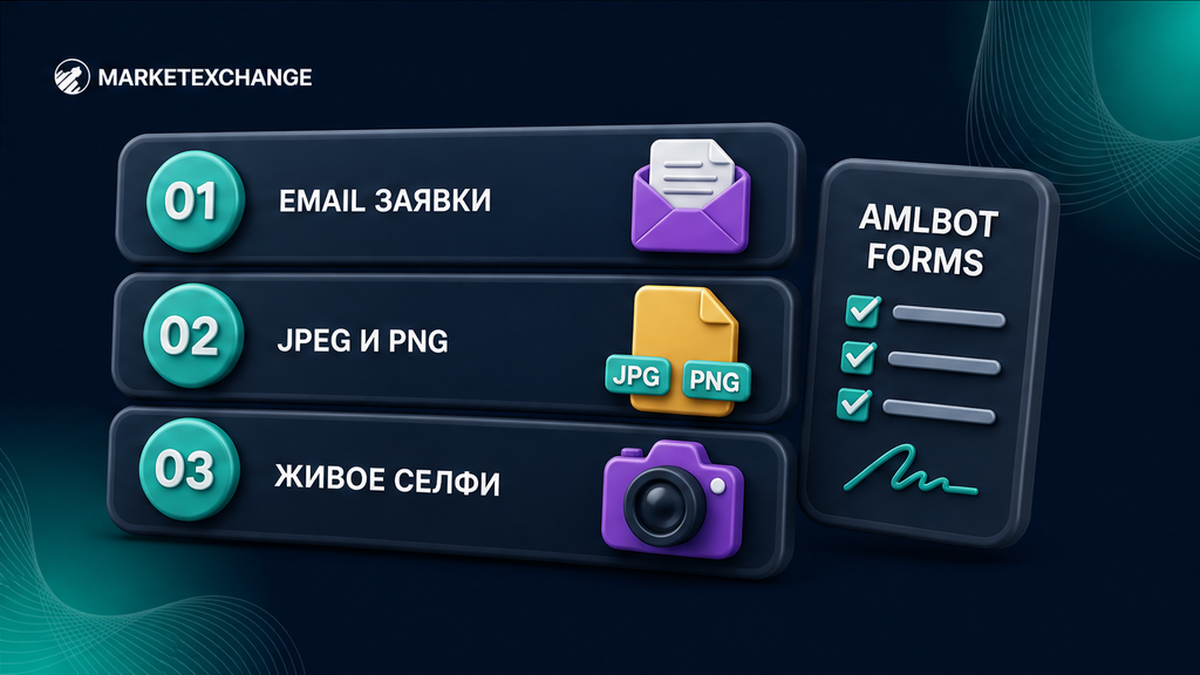 Шаги подготовки формы AMLBot: email заявки, файл JPEG или PNG и живое селфи