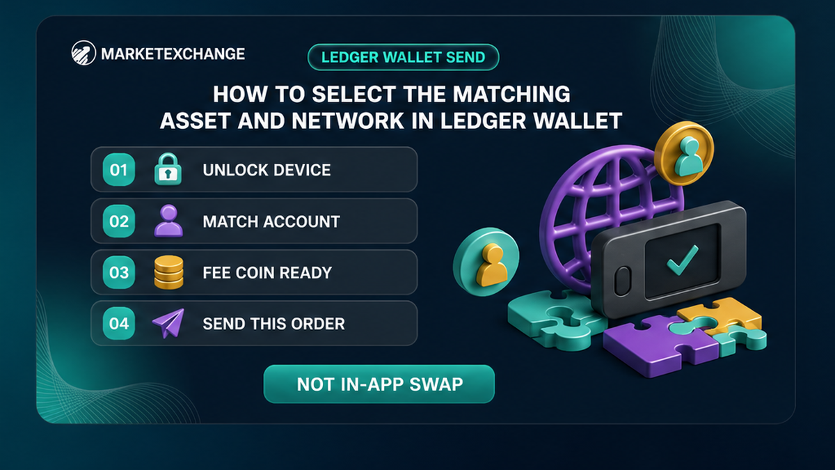 Four-step Ledger Wallet send flow: unlock the device, match the account, confirm the fee coin, then send this order
