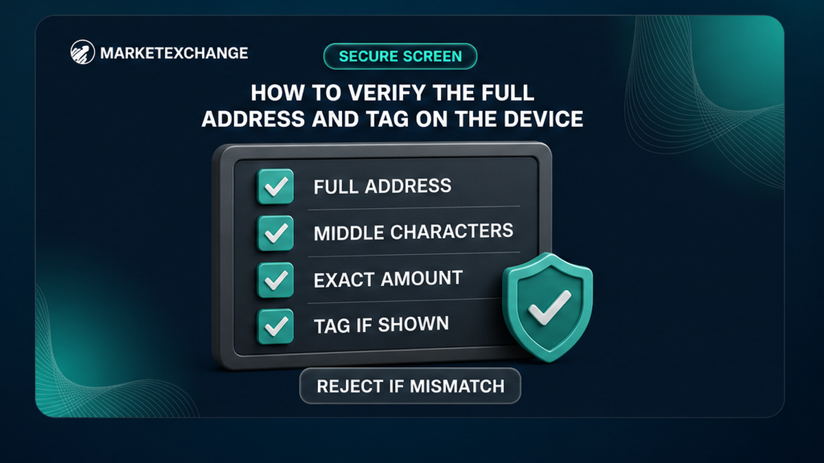 Device-screen checklist to compare the full address, middle characters, exact amount, and tag before approving