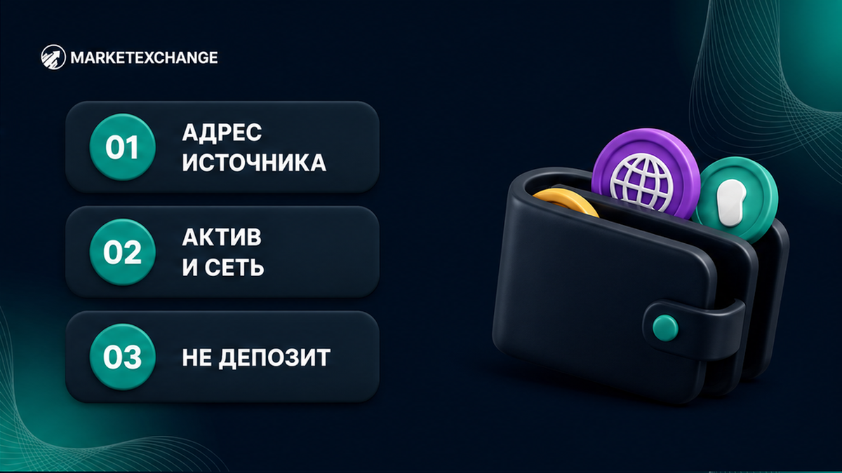 Три шага: адрес-источник, актив с сетью, не депозит заявки