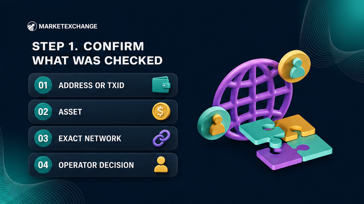 Four-step workflow confirming the checked address or TXID, asset, exact network, and operator decision
