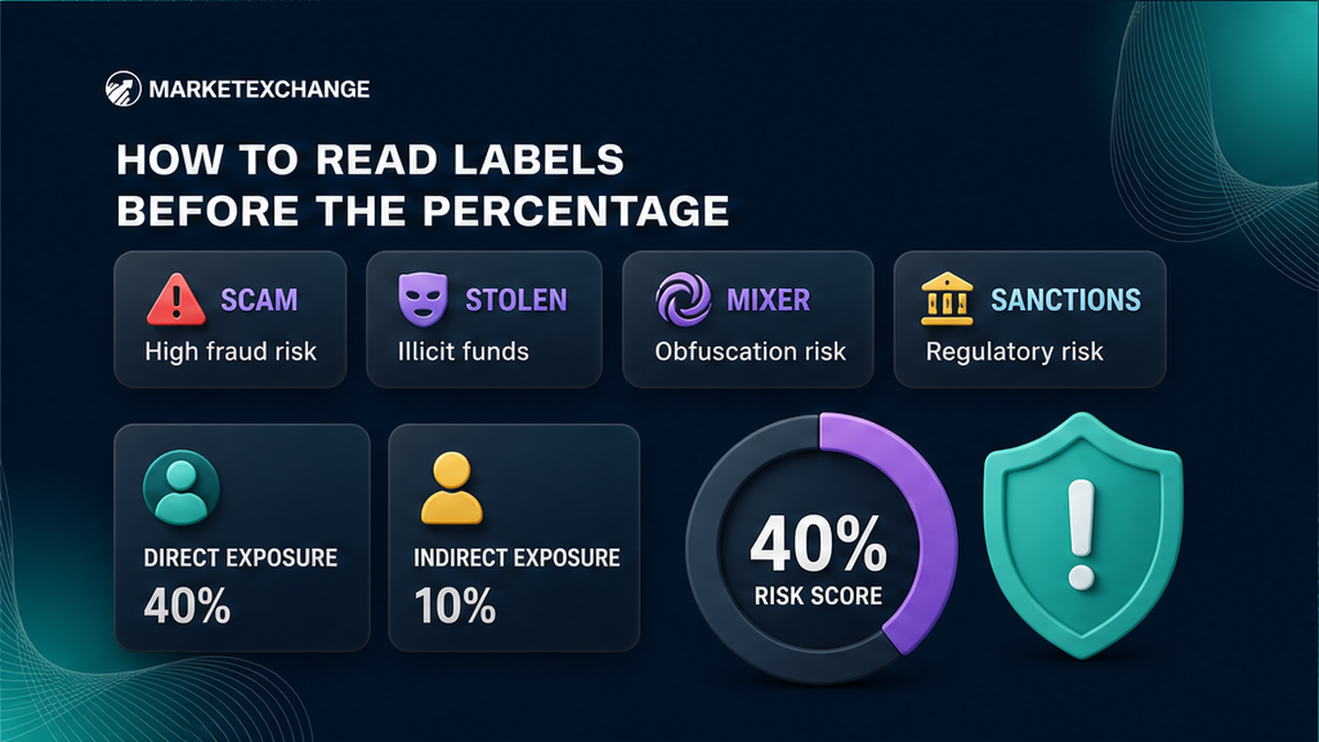 AML dashboard showing pause-class labels above a secondary percentage gauge and direct versus indirect exposure