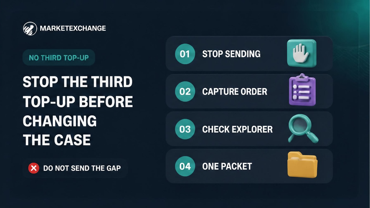 Four-step workflow to stop a third top-up, capture the live Fixed order, verify both deposits, and prepare one support packet