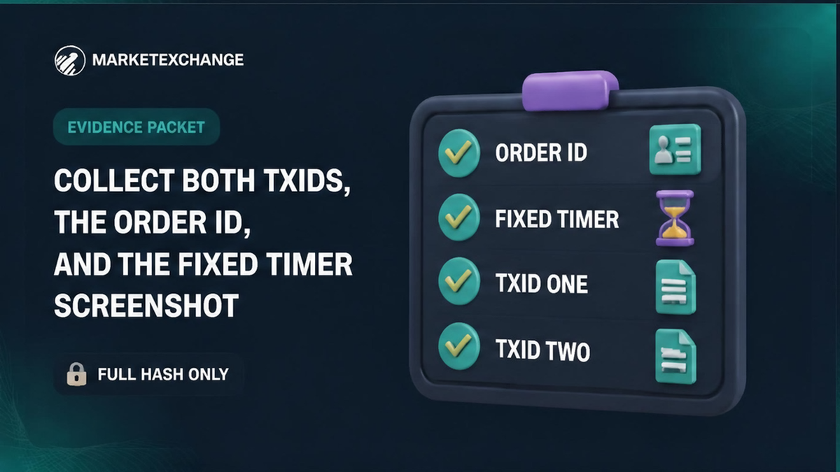 Checklist board for collecting the Order ID, Fixed timer screenshot, and both full transaction hashes