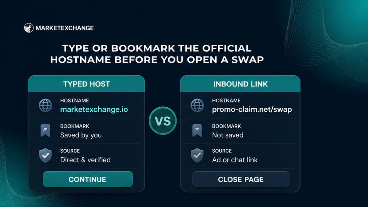 Side-by-side comparison of typing marketexchange.io versus opening an inbound ad or chat link before a swap
