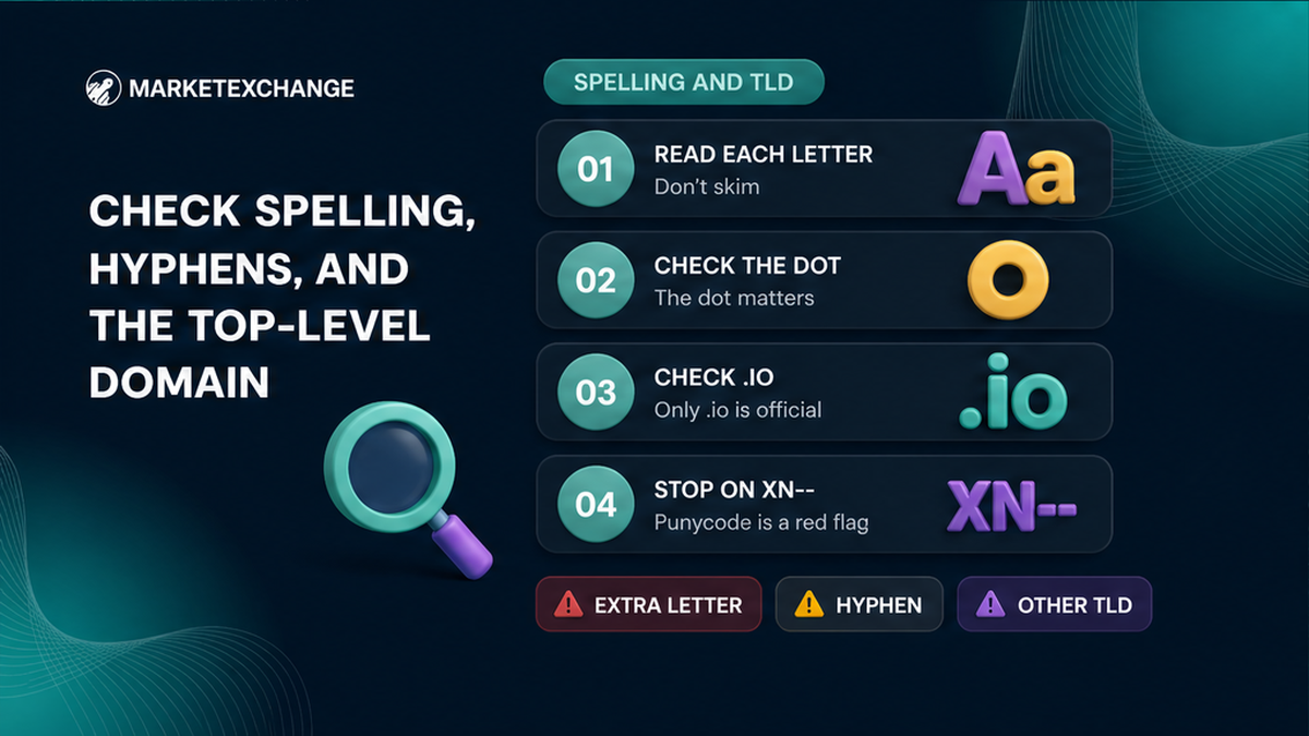Four-step workflow to check hostname spelling, the dot, the .io ending, and punycode before a swap
