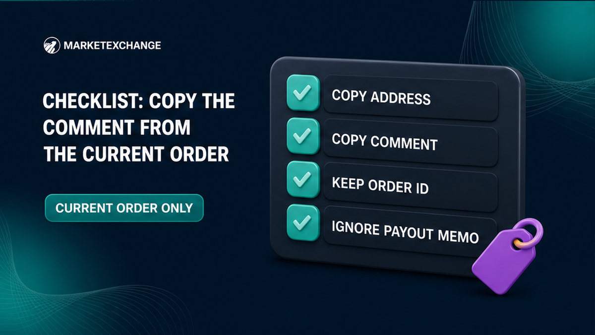 Checklist board for copying the deposit address and TON comment from the current MarketExchange order