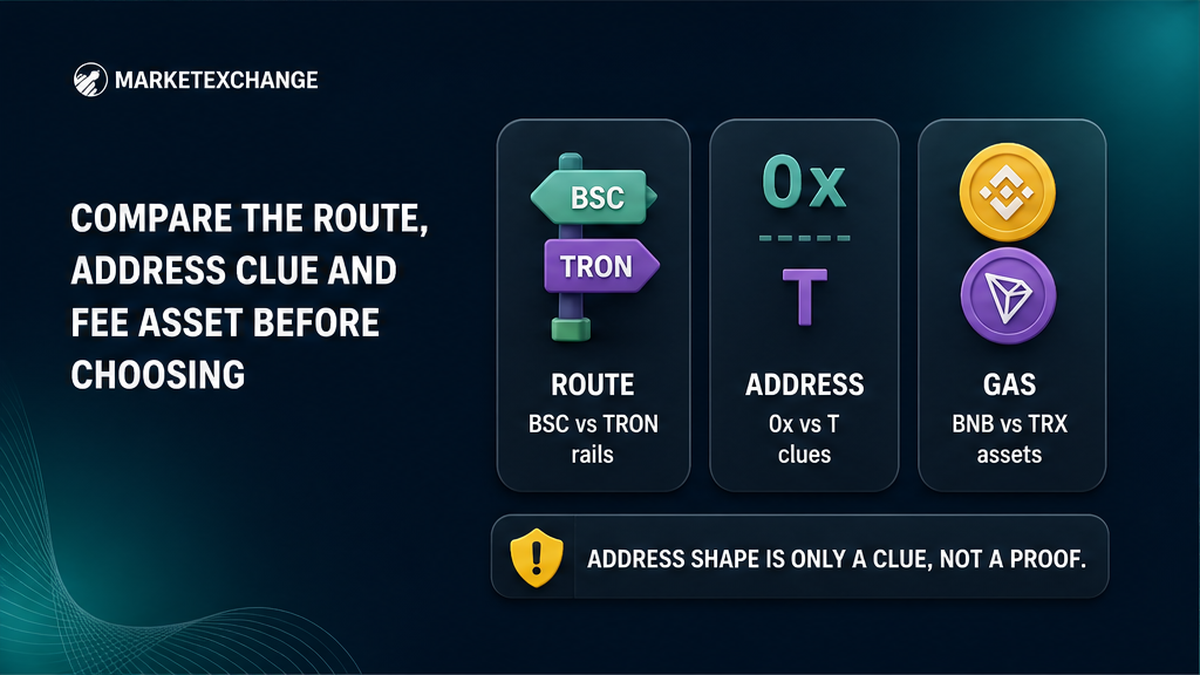 USDT route, address clue, and fee asset comparison for BSC and TRON