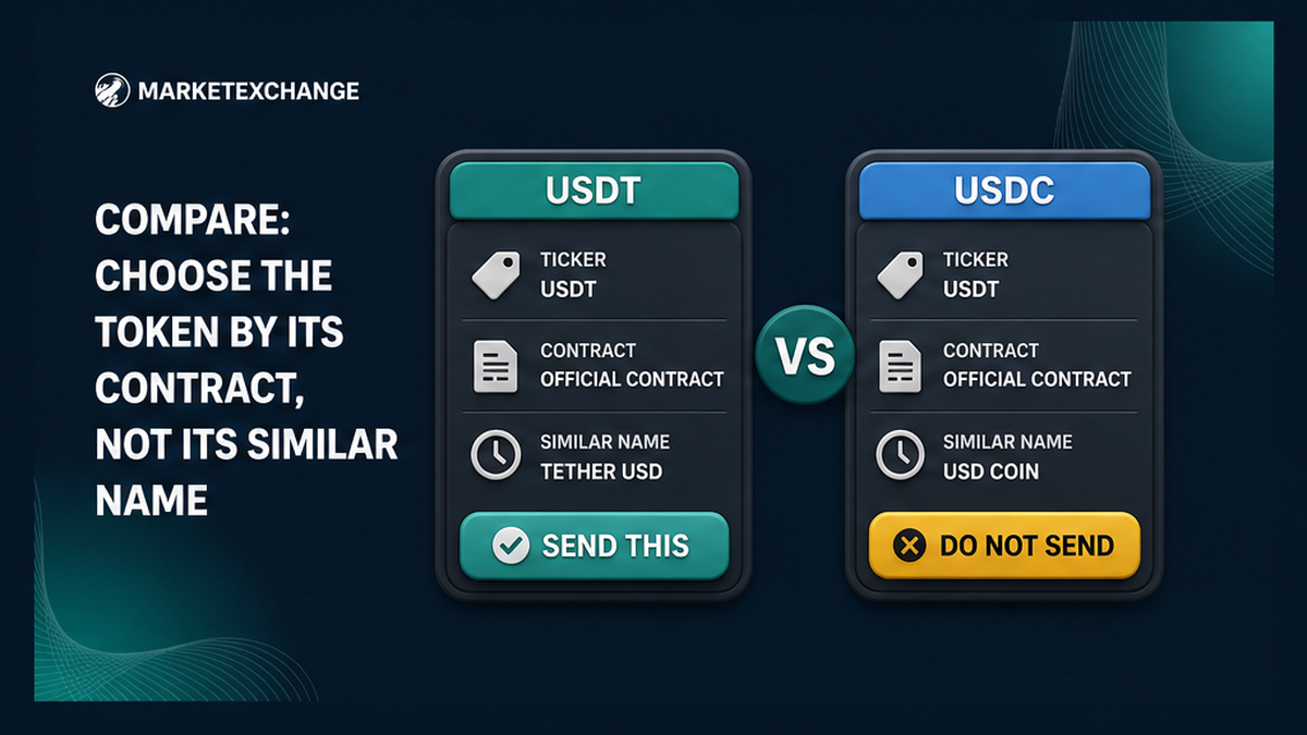 USDT versus USDC comparison by ticker and contract, warning that a similar name is not the same token