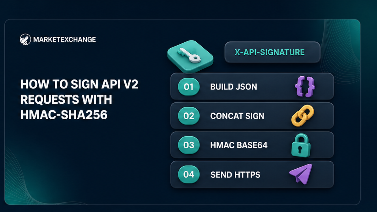 Four-step workflow for HMAC-SHA256 signing of MarketExchange API v2 JSON requests