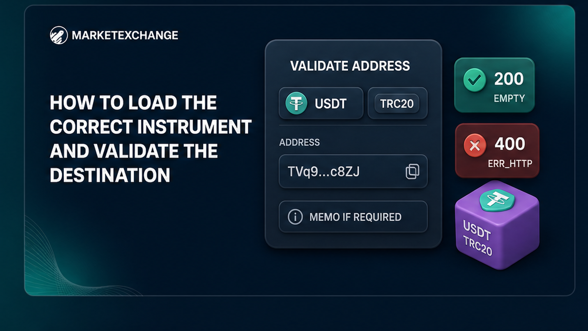 MarketExchange validate-address API card with instrument, truncated destination, and HTTP 200 empty versus 400 error chips