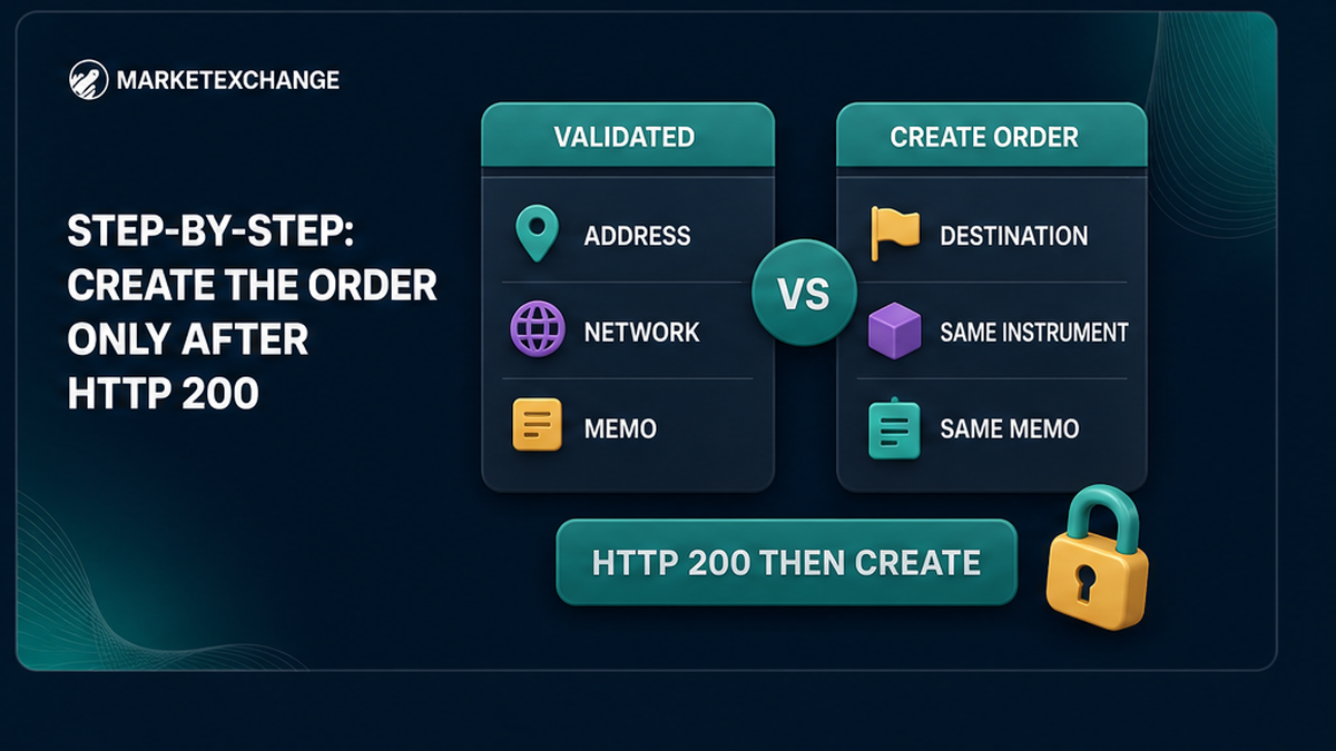 Side-by-side mapping of validated address, network, and memo fields into the create-order request after HTTP 200