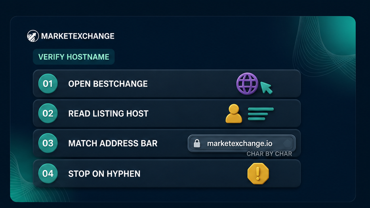 Four-step workflow to verify a BestChange exchanger hostname against the live address bar character by character