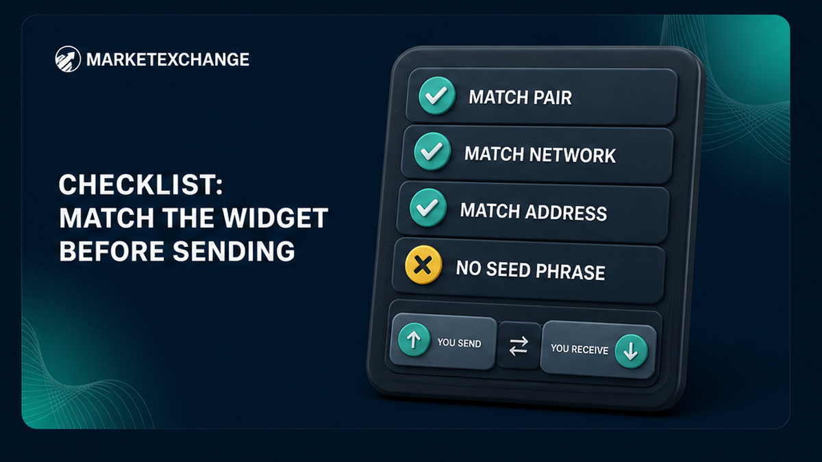 Checklist to match the swap widget pair, network, and recipient address before sending, with no seed phrase request
